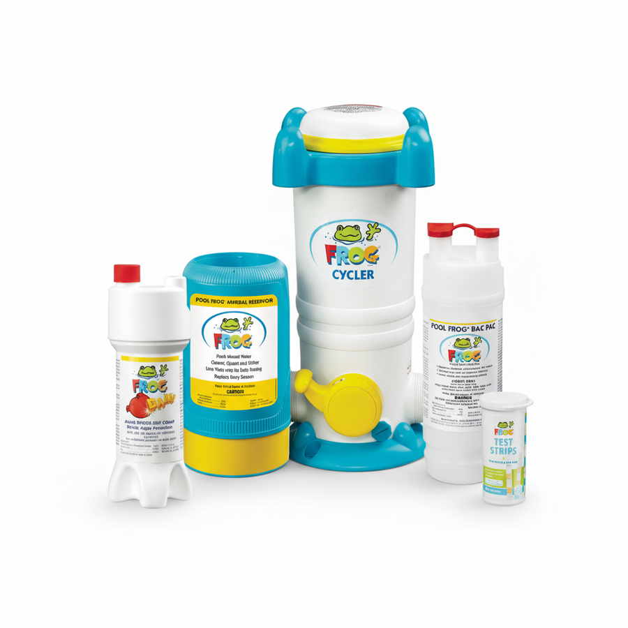 Collection of pool care products with Frog brand on a white background
