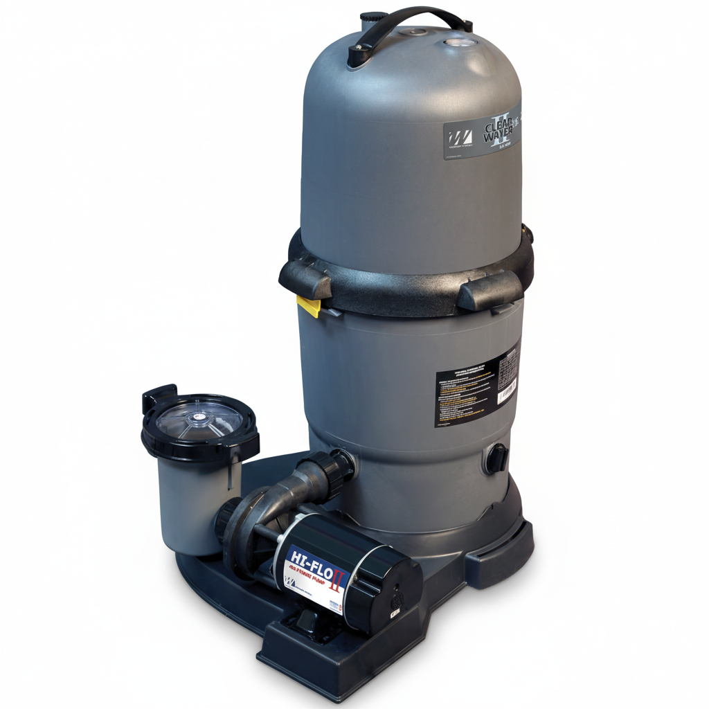 Pool filter system with cylindrical tank and pump on a white background