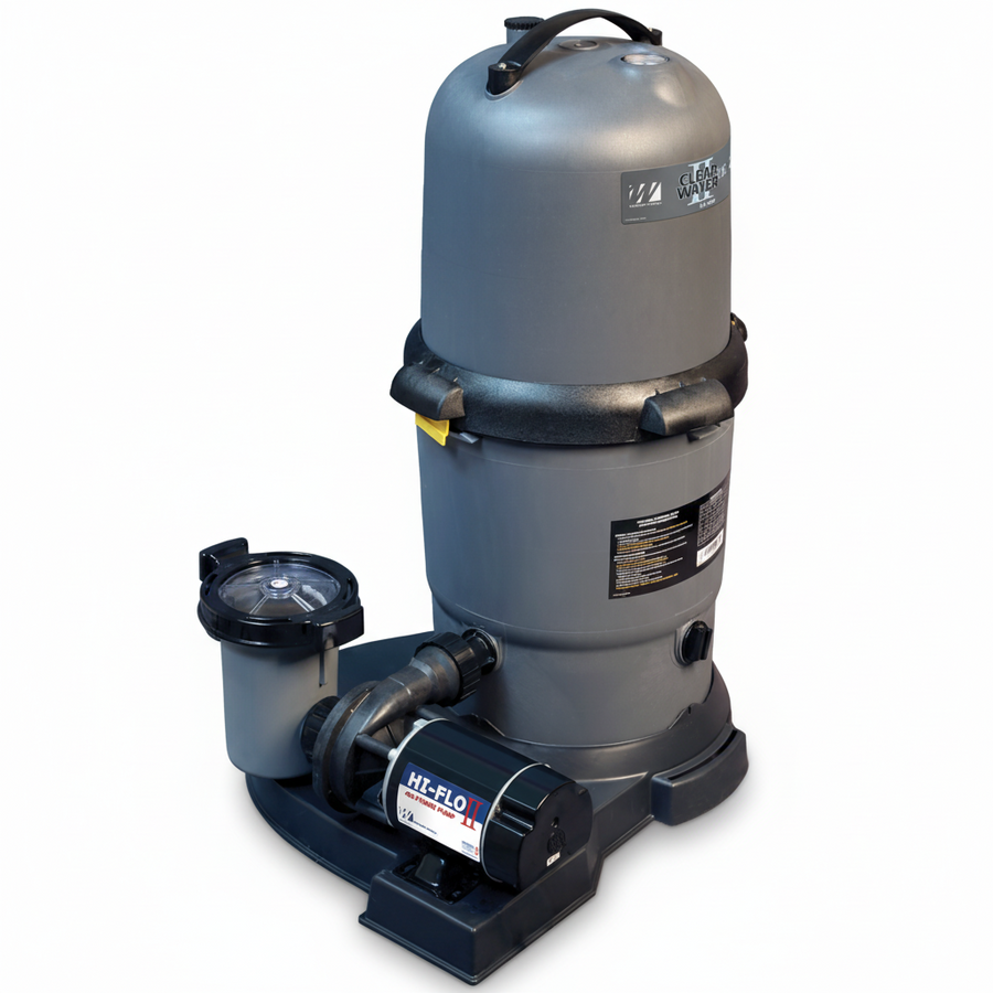 Pool filter system with cylindrical tank and pump on a white background