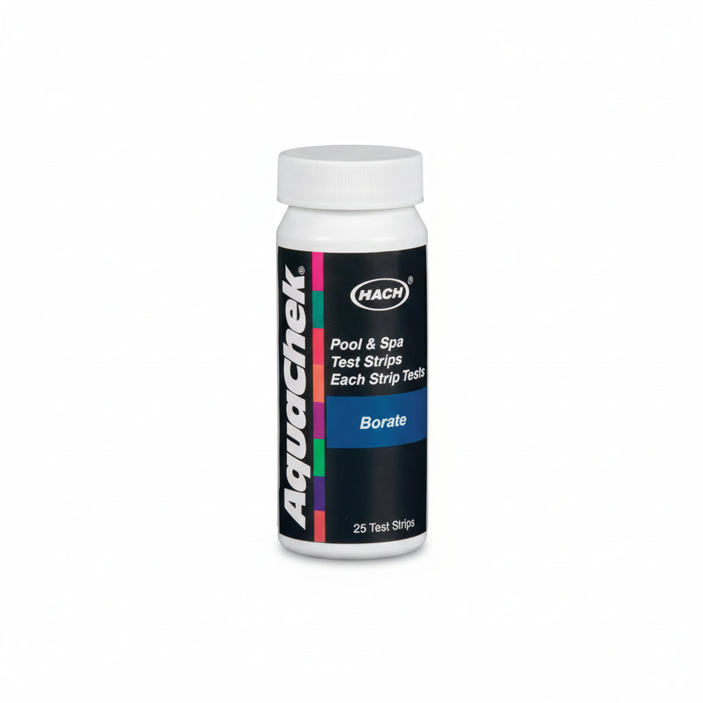 A container of AquaChek Pro Borate Test Strips for pool and spa water testing, with 25 test strips inside.