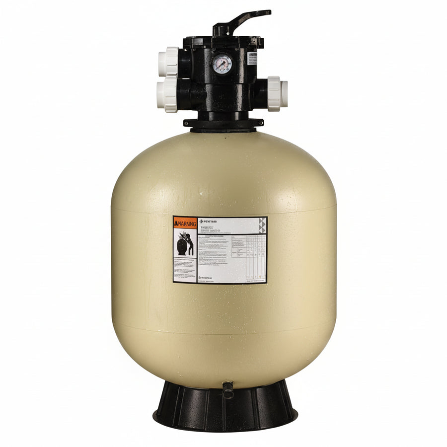 Beige filter tank with black top and label on a white background